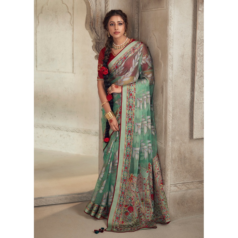 Sea Green Soft Organza Brasso Embroidered Wedding Festive Saree