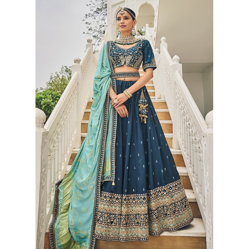 Stunning Blue Viscose Silk Traditional Bridal Lehenga Choli