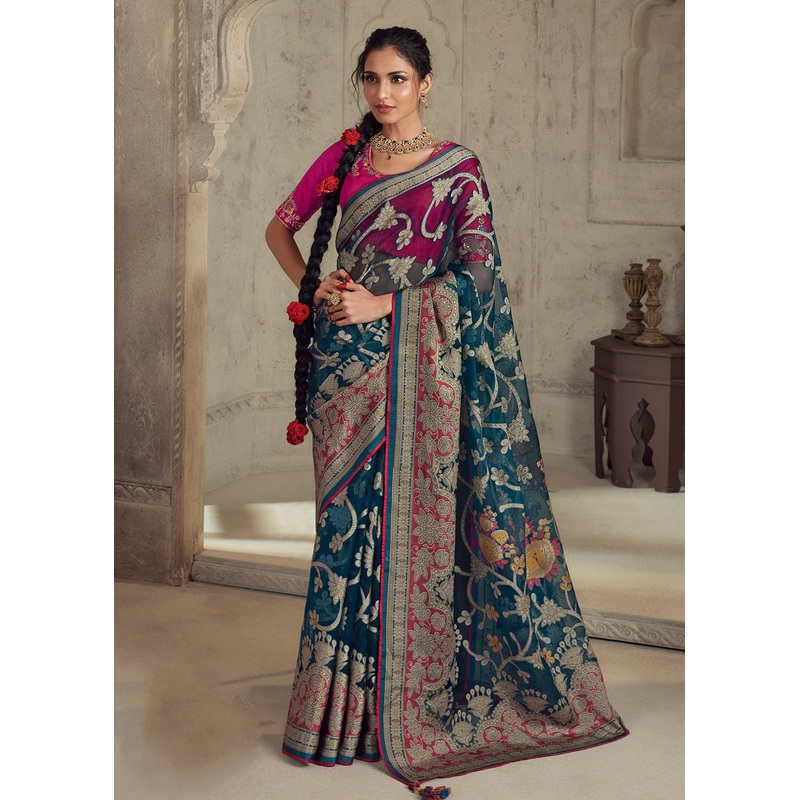Teal Blue Soft Organza Brasso Embroidered Wedding Festive Saree