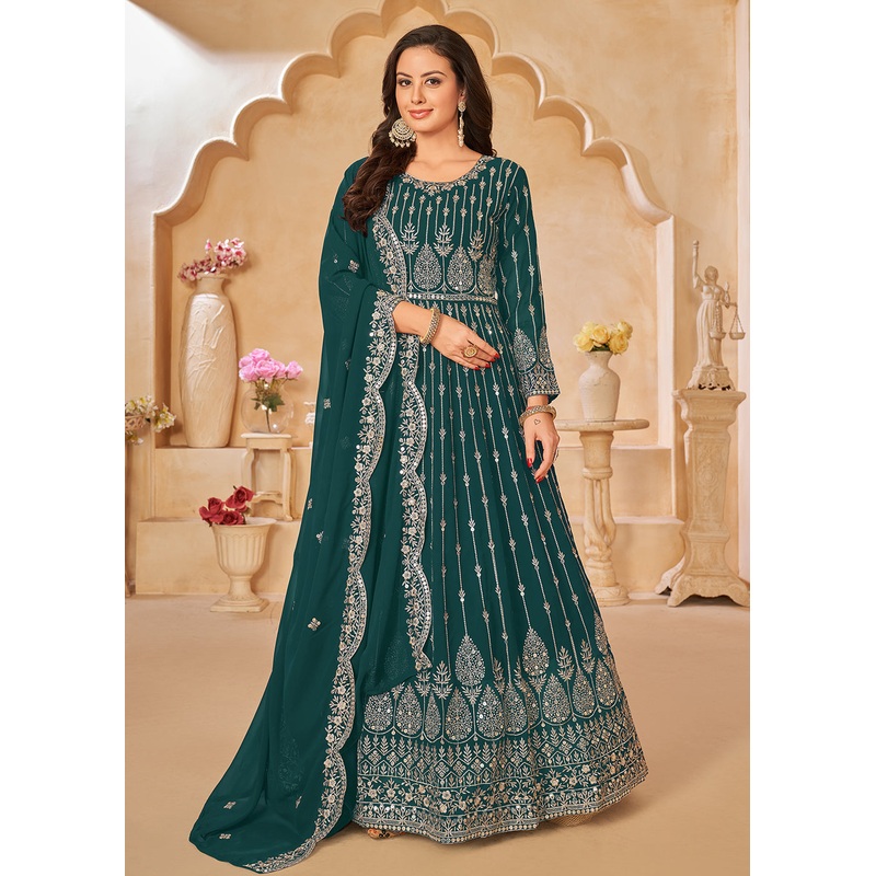 Teal Green Resham Zari Embroidered Festive Anarkali Suit