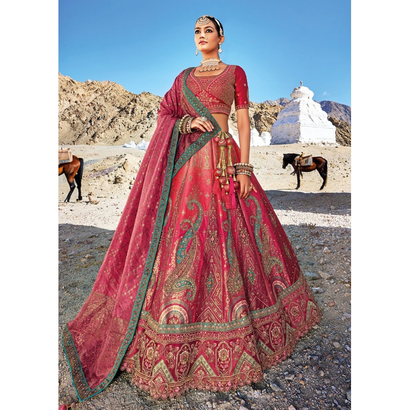 Traditional Deep Pink Banarasi Silk Embroidered Bridal Lehenga Choli