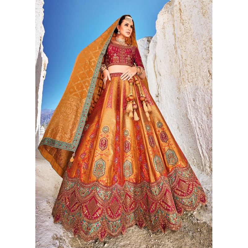 Traditional Orange Banarasi Silk Embroidered Bridal Lehenga Choli