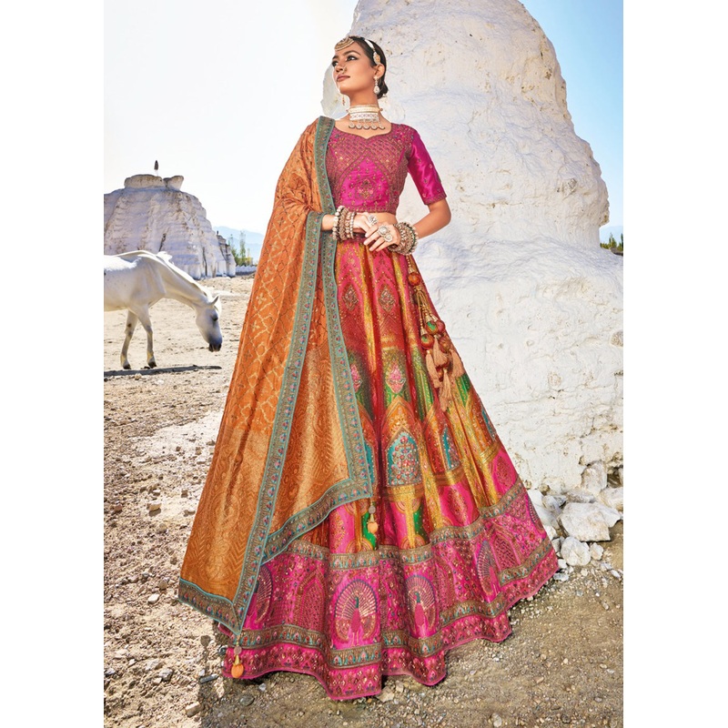 Traditional Pink & Orange Banarasi Silk Embroidered Bridal Lehenga Choli