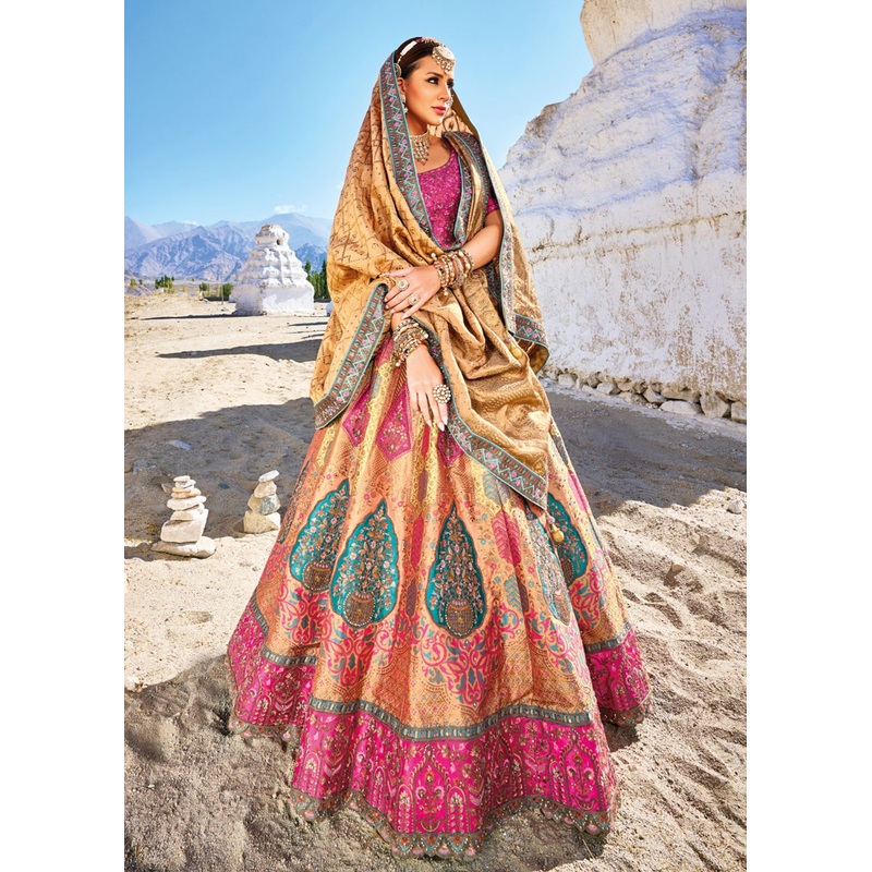 Traditional Pink & Yellow Banarasi Silk Embroidered Bridal Lehenga Choli