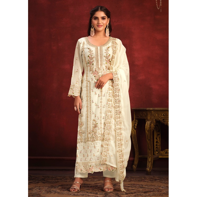 Viscose Organza Cream Zari & Sequins Festive Salwar Suit