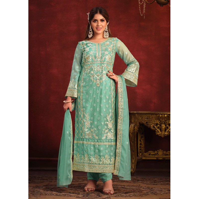 Viscose Organza Green Zari & Sequins Festive Salwar Suit