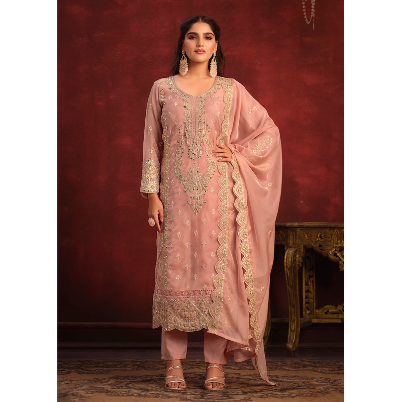 Viscose Organza Pink Zari & Sequins Festive Salwar Suit