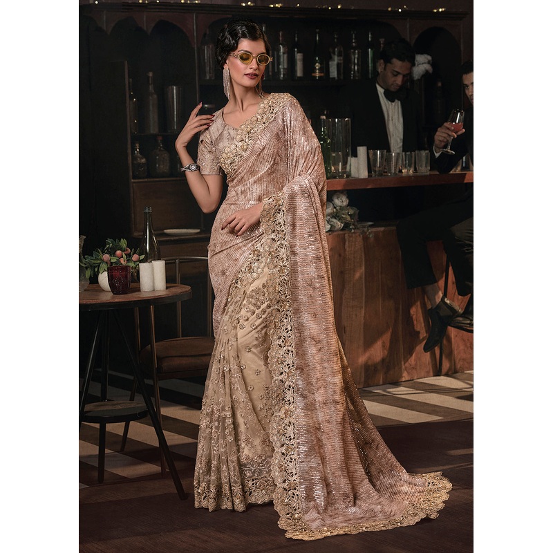 Wedding Party Chiku Brown Net Embroidered Designer Saree