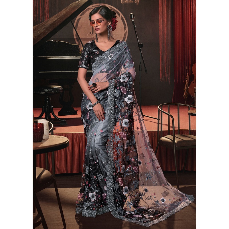 Wedding Party Grey to Black Shaded Net Embroidered Designer Saree