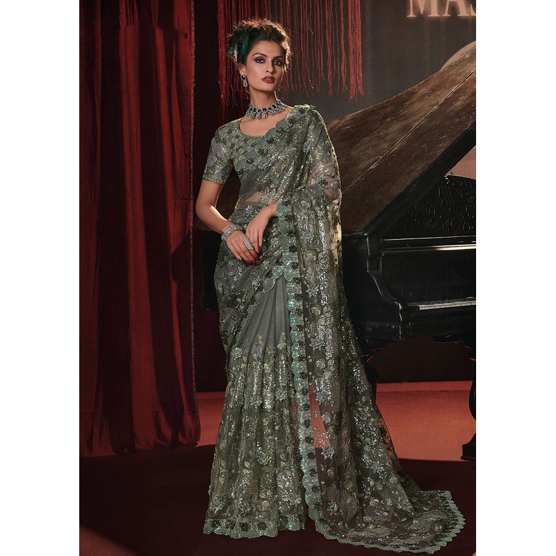 Wedding Party Mehndi Green Net Embroidered Designer Saree