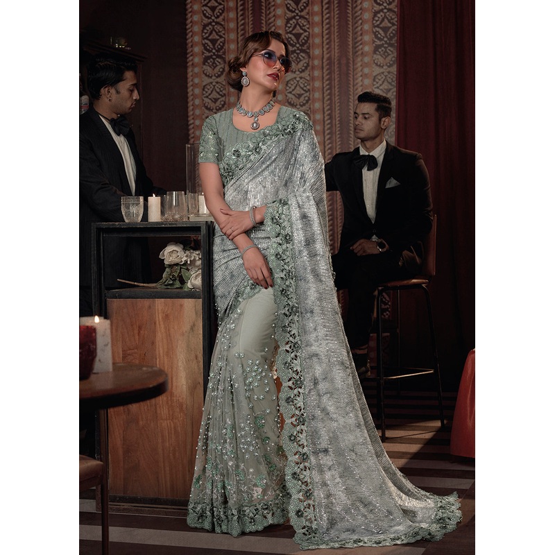Wedding Party Pista Green Net Embroidered Designer Saree