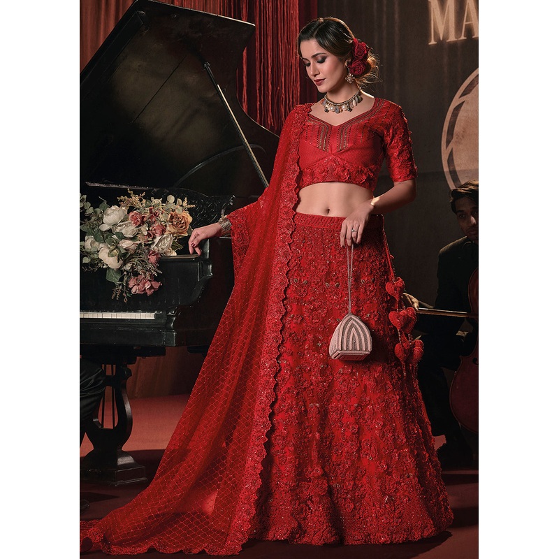 Wedding Party Red Net Embroidered Designer Lehenga Choli
