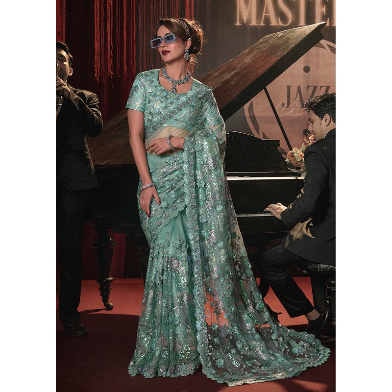 Wedding Party Sea Green Net Embroidered Designer Saree