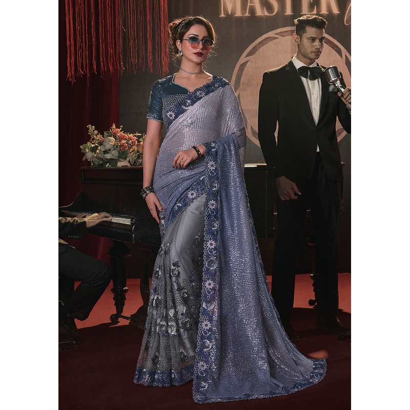 Wedding Party Shaded Blue Net Embroidered Designer Saree