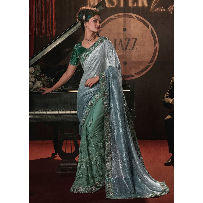 Wedding Party Shaded Green Net Embroidered Designer Saree