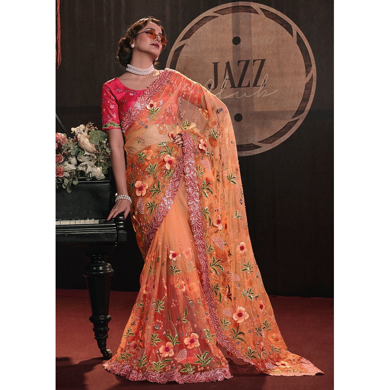 Wedding Party Shaded Orange Net Embroidered Designer Saree