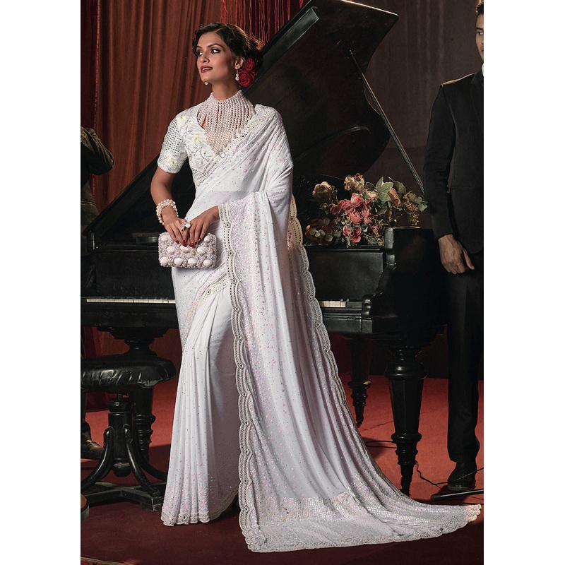 Wedding Party White Net Embroidered Designer Saree