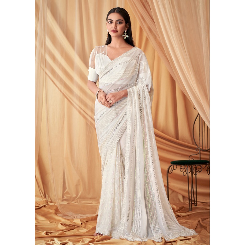 White Pearl Georgette Embroidered Festive Party Saree