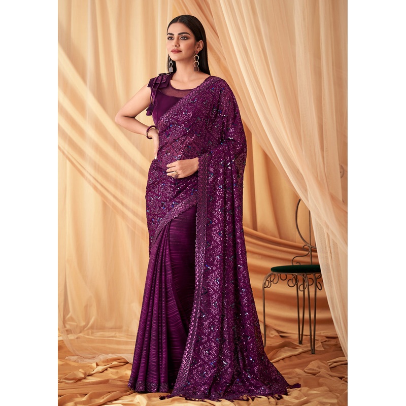 Wine Georgette Silk Embroidered Festive Party Saree