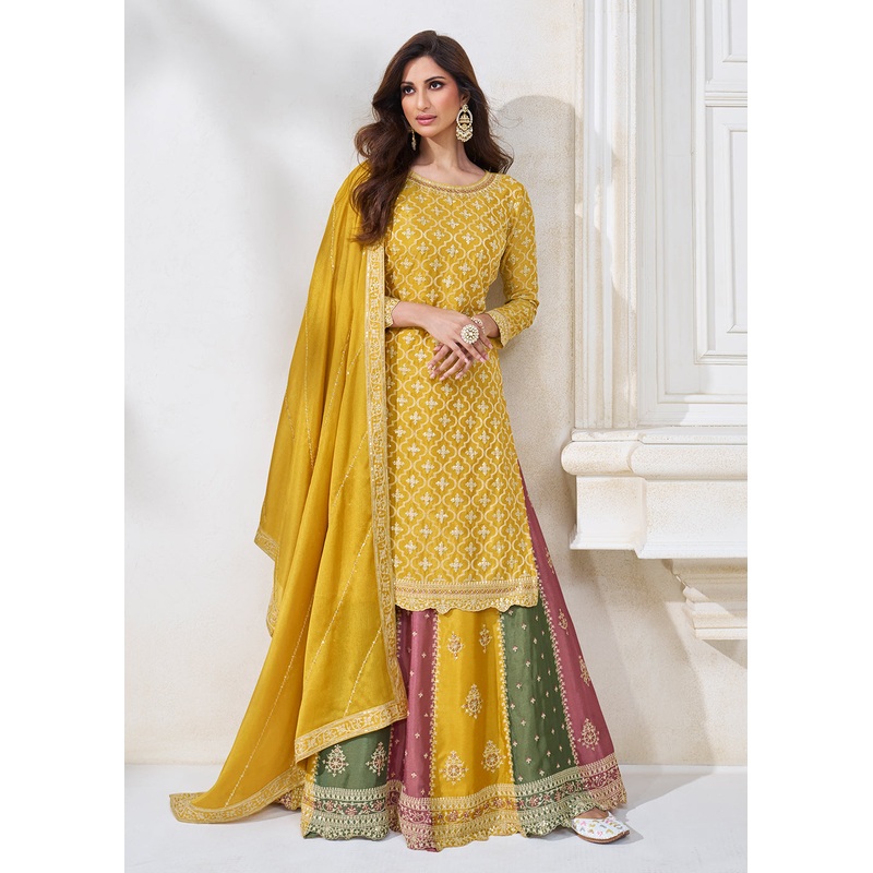 Yellow Multicolor Sequins Embroidered Lehenga Skirt Suit
