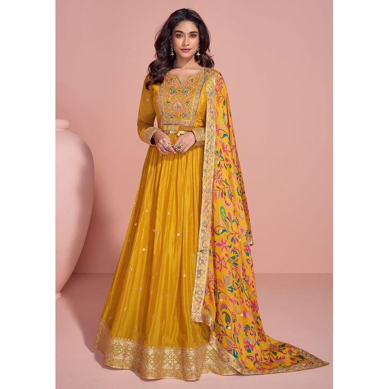 Appealing Mustard Embroidered Chinnon Silk Anarkali Gown