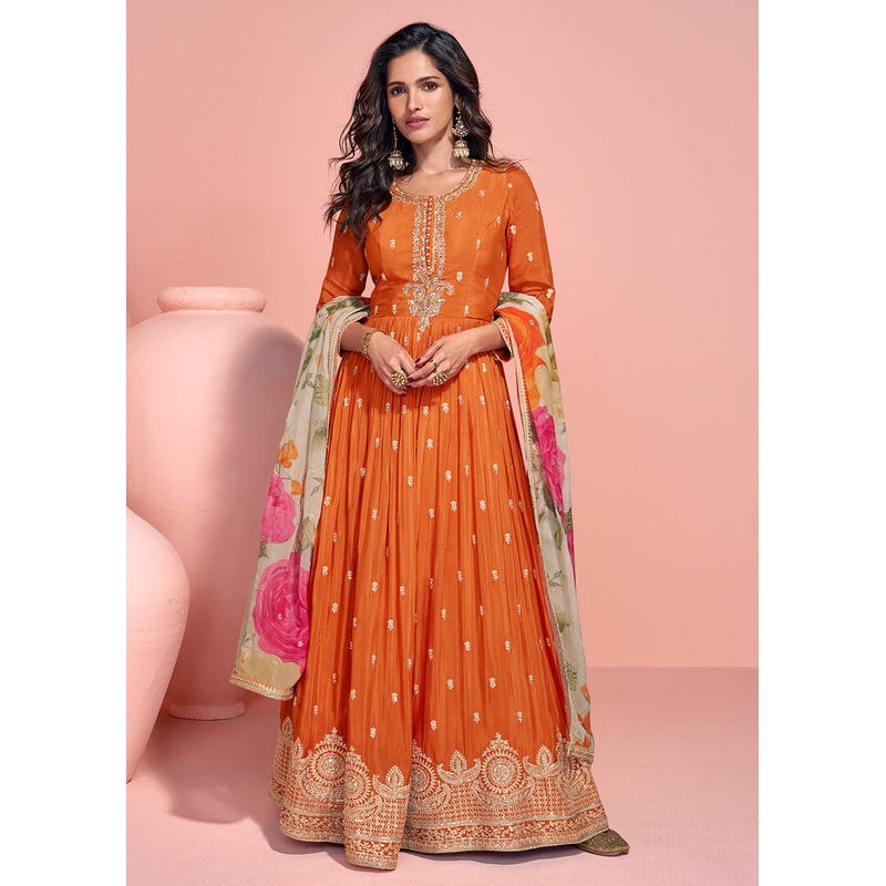 Appealing Orange Embroidered Chinnon Silk Anarkali Gown