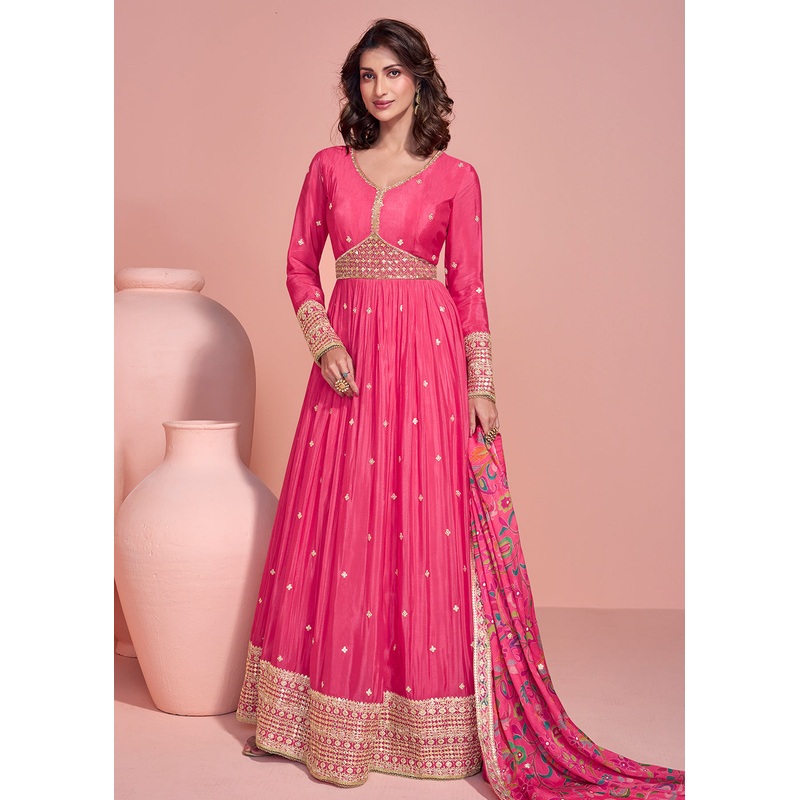 Appealing Pink Embroidered Chinnon Silk Anarkali Gown
