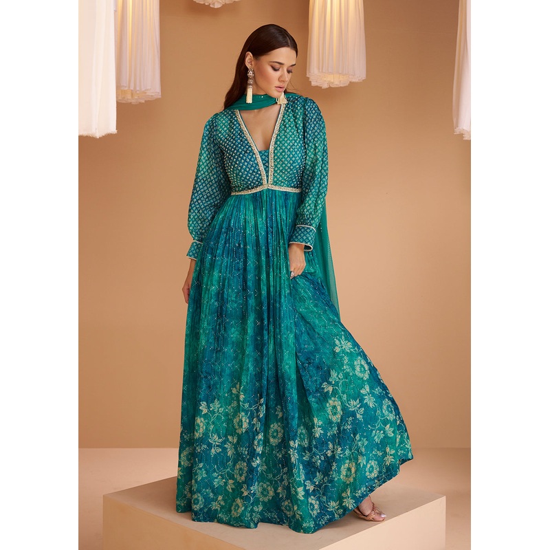 Aqua Blue Floral Printed Wedding Festive Anarkali Gown