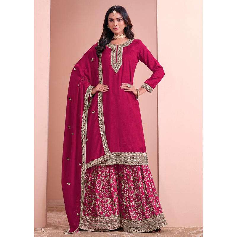 Art Silk Hot Pink Embroidered Gharara Style Suit
