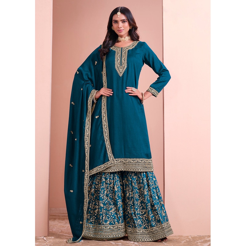 Art Silk Teal Blue Embroidered Gharara Style Suit