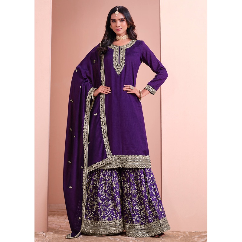 Art Silk Violet Purple Embroidered Gharara Style Suit