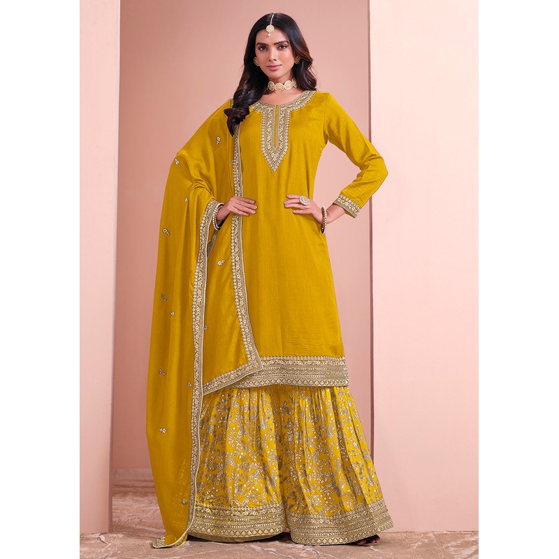 Art Silk Yellow Embroidered Gharara Style Suit