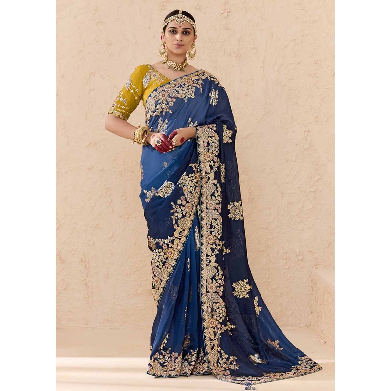 Blue & Mustard Fancy Fabric Embroidered Designer Saree