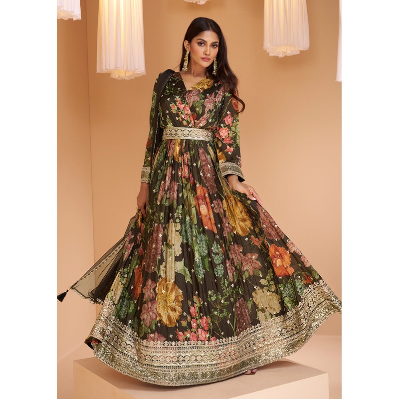 Coffee Brown Floral Printed Wedding Festive Anarkali Gown