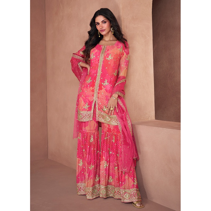Coral & Pink Real Georgette Printed Gharara Suit