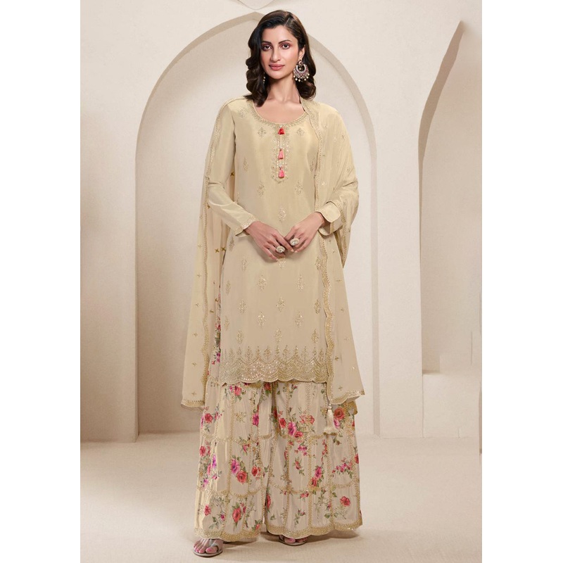 Cream Festive Style Embroidered Chinnon Palazzo Suit