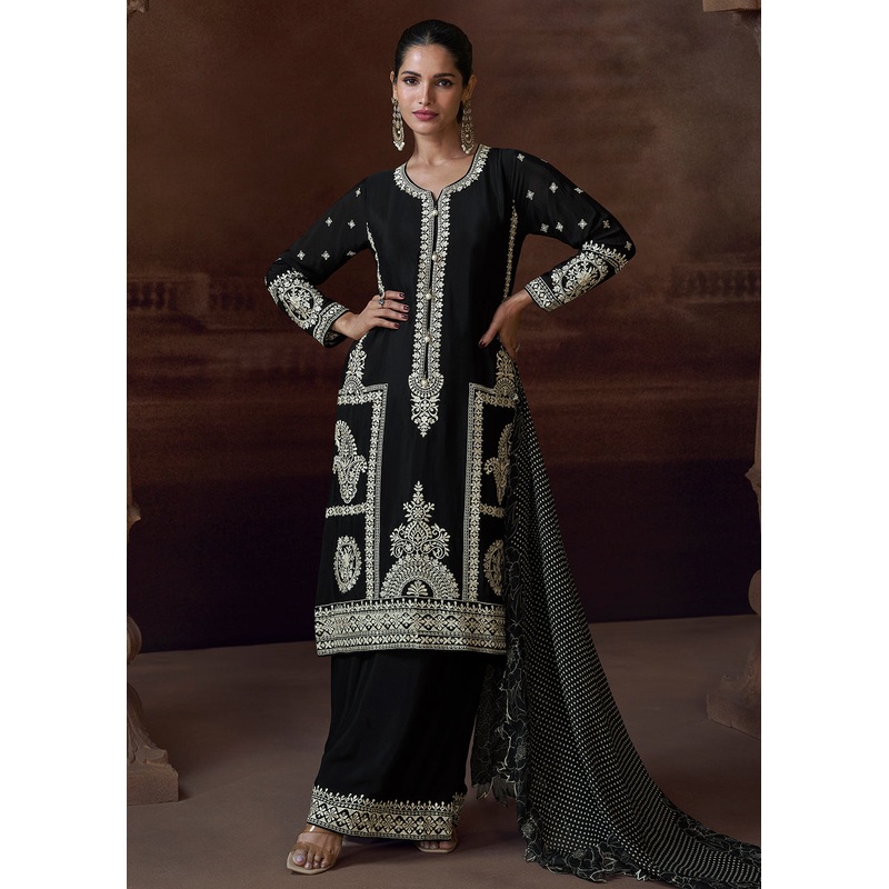 Designer Chinnon Black Embroidered Eid Style Salwar Suit