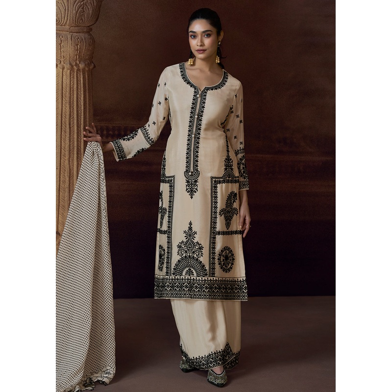 Designer Cream Chinnon Embroidered Eid Style Salwar Suit