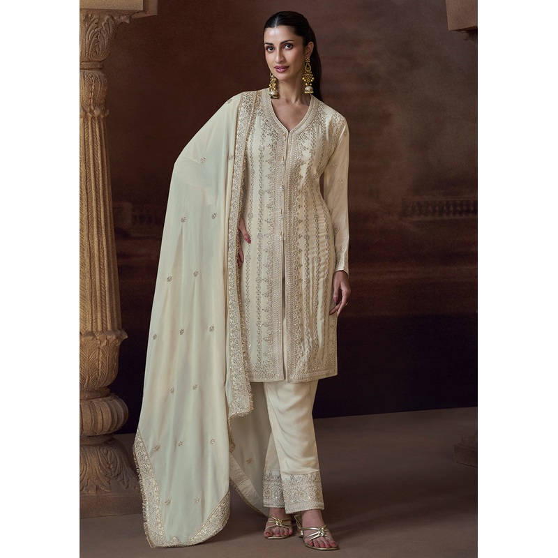 Designer Ivory Chinnon Embroidered Eid Style Salwar Suit