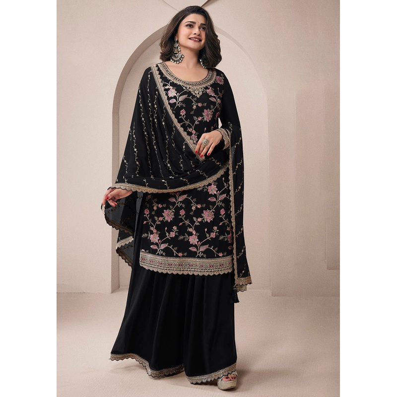 Floral Embroidered Black Wedding Festive Sharara Suit
