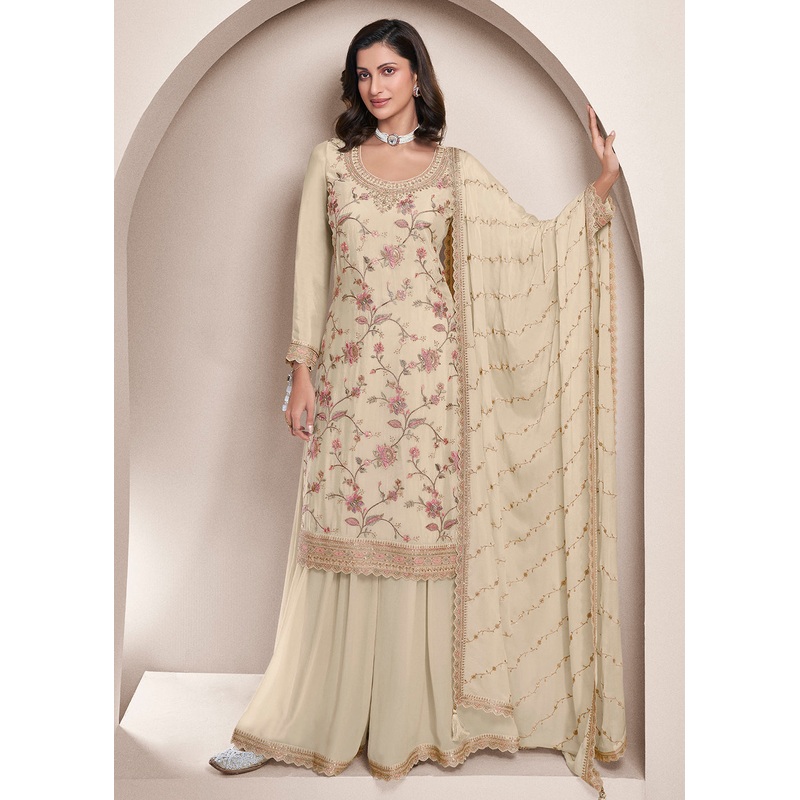 Floral Embroidered Cream Wedding Festive Sharara Suit
