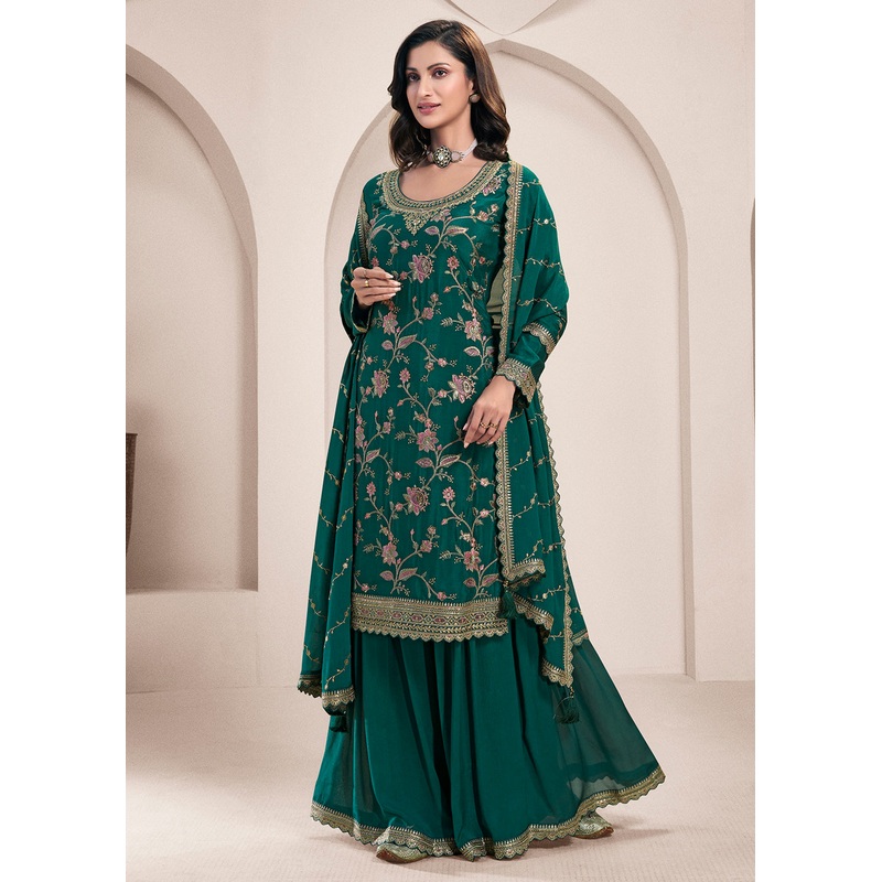 Floral Embroidered Green Wedding Festive Sharara Suit