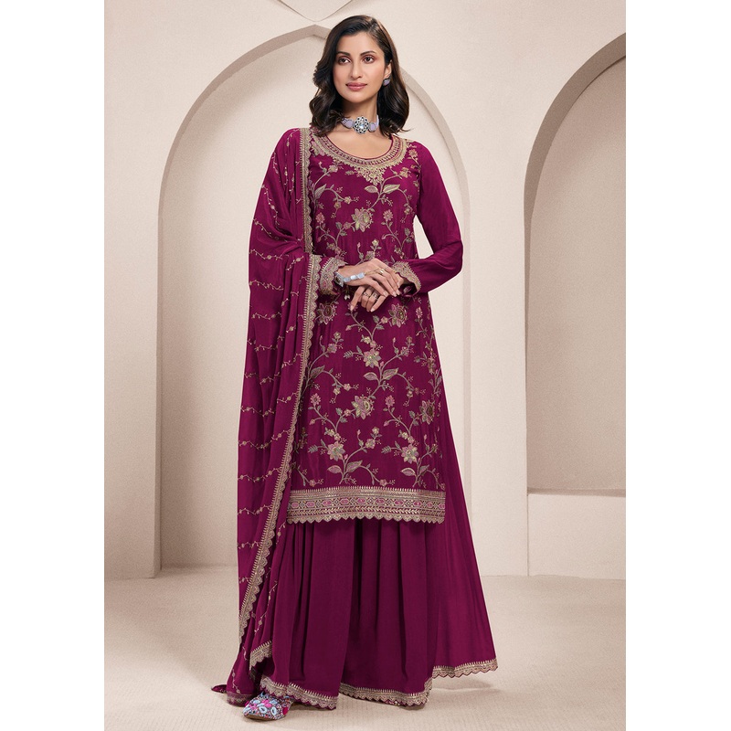 Floral Embroidered Magenta Wedding Festive Sharara Suit