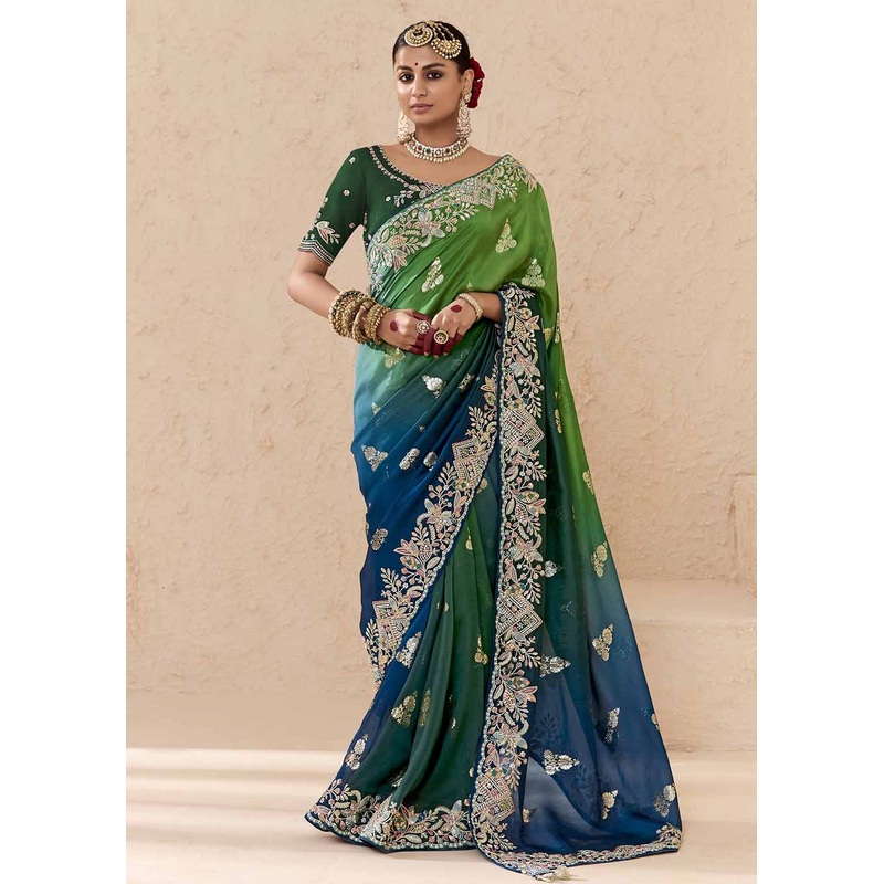 Green & Blue Fancy Fabric Embroidered Designer Saree