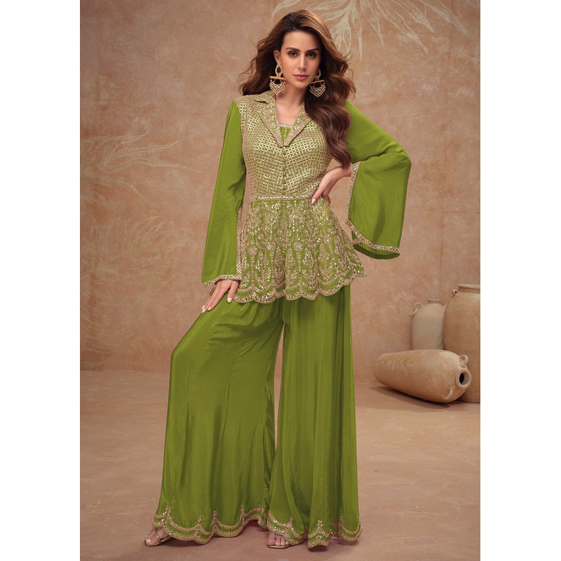 Green Peplum Style Embroidered Festive Pant Style Suit