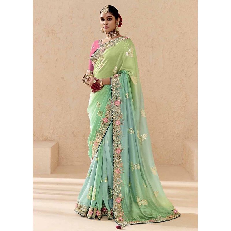 Green & Pink Fancy Fabric Embroidered Designer Saree