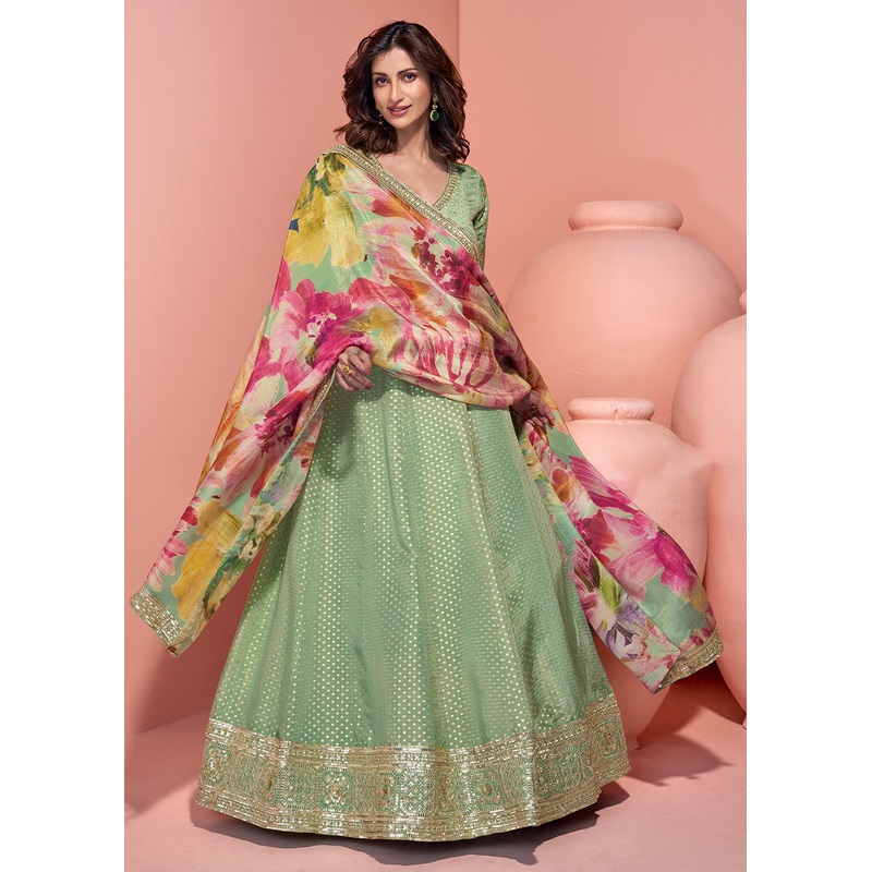 Green Viscose Jacquard Silk Festive Anarkali Suit