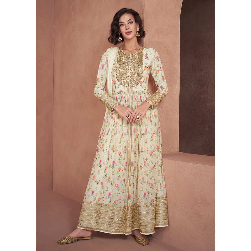 Ivory Real Georgette Embroidered & Printed Anarkali Dress