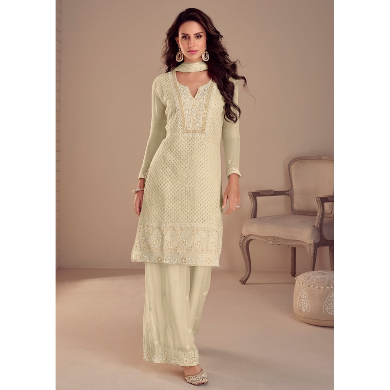 Lovely Cream Palazzo Style Georgette Pakistani Style Suit