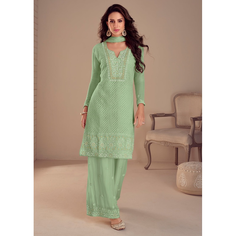 Lovely Green Palazzo Style Georgette Pakistani Style Suit